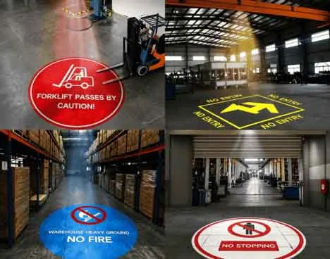 Custom Logo Projector Custom industrial logo projector displaying forklift warning signs, pedestrian safety symbols, fire safety markings, and warehouse floor projections