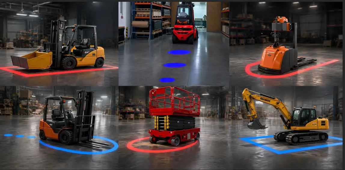 Forklift Safety Warning Light Forklift safety warning light applications featuring blue spot lights, red line projections, U-shaped safety zones, and red danger area markings in warehouses and factories