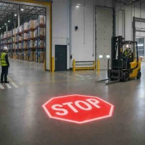 Industrial Floor Sign Projector Creates a Clear No-Entry Zone for Factory Equipment Safety
