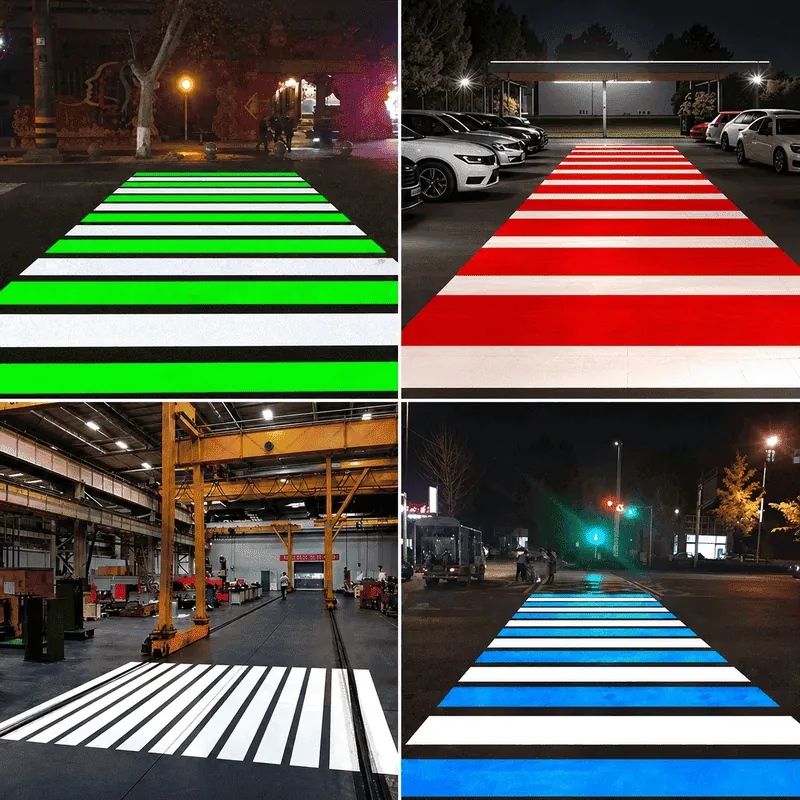 Zebra Caution Projector LED zebra crossing projector displaying green, red, blue, and white projected crosswalks for pedestrian safety in factories, warehouses, parking lots, and road crossings