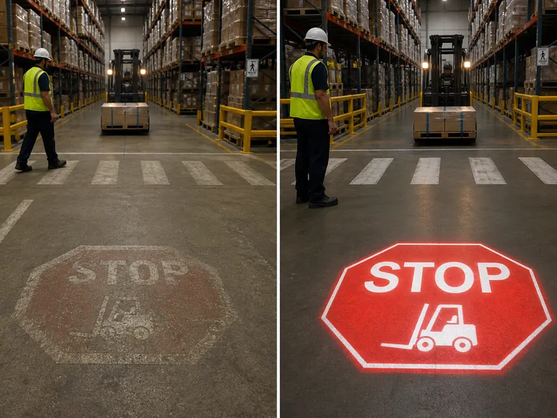 Industrial Projector for Warehouse Blind Corners-Warn Pedestrians Before a Forklift Arrives